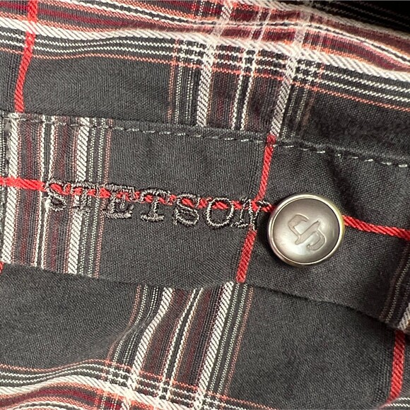 Stetson Sz Mens L Long-Sleeve Western Shirt Snap Closure Gray Red Cowboy Logo - Picture 9 of 14